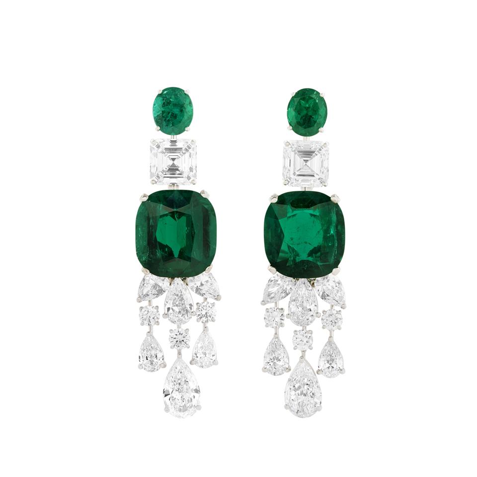 Graff cushion-shaped emerald earrings, each over 17 carat. Est: $900,000-$1.5 million