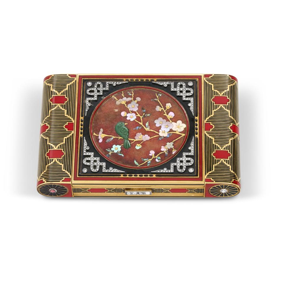 Marchak and Makowsky Art Deco enamel, mother-of pearl and diamond vanity case