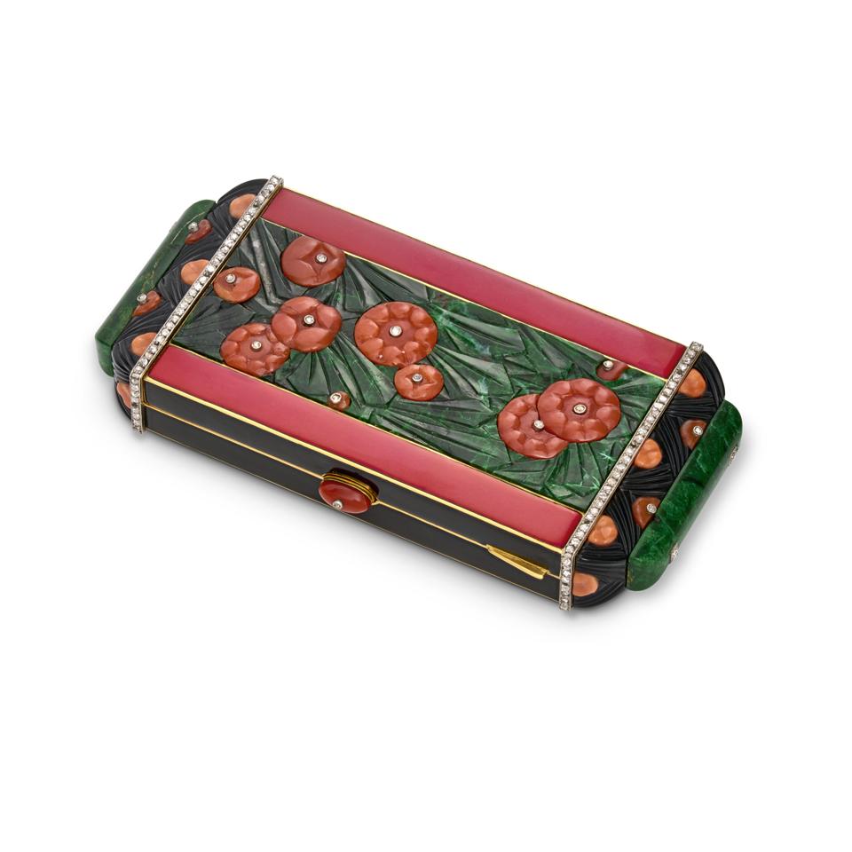Théodule Bourdier, an Art Deco malachite, onyx, coral and enamel vanity case