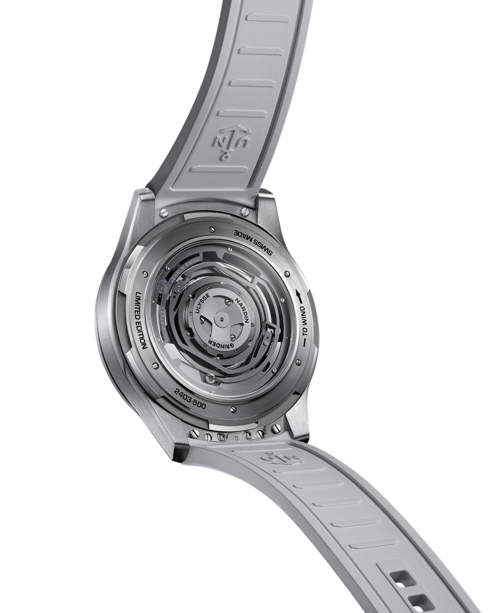 The caseback of the Ulysse Nardin Freak One reveals the patented Grinder winding system