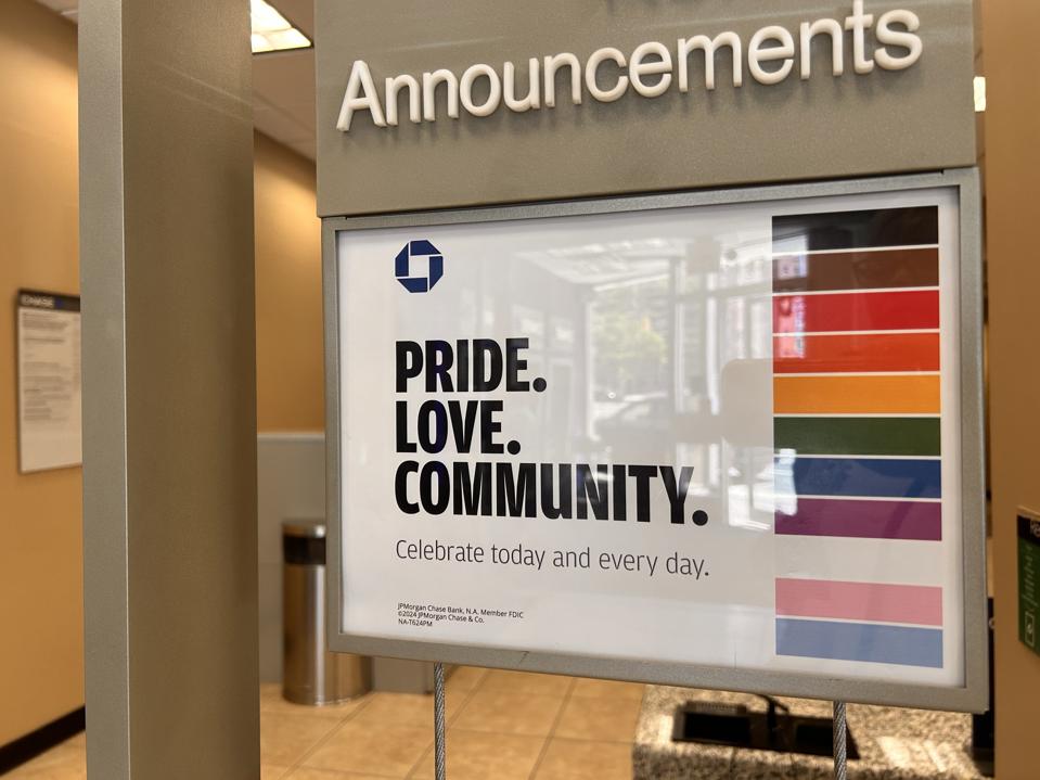 Pride Love Community sign in Chase bank branch, Queens, New York