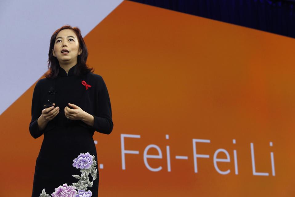 Fei-Fei Li, chief AI scientist for Google Cloud, speaks during the keynote address at the Google Cloud Next '17 conference at the Moscone Convention Center in San Francisco, Calif. on Wednesday, March 8, 2017