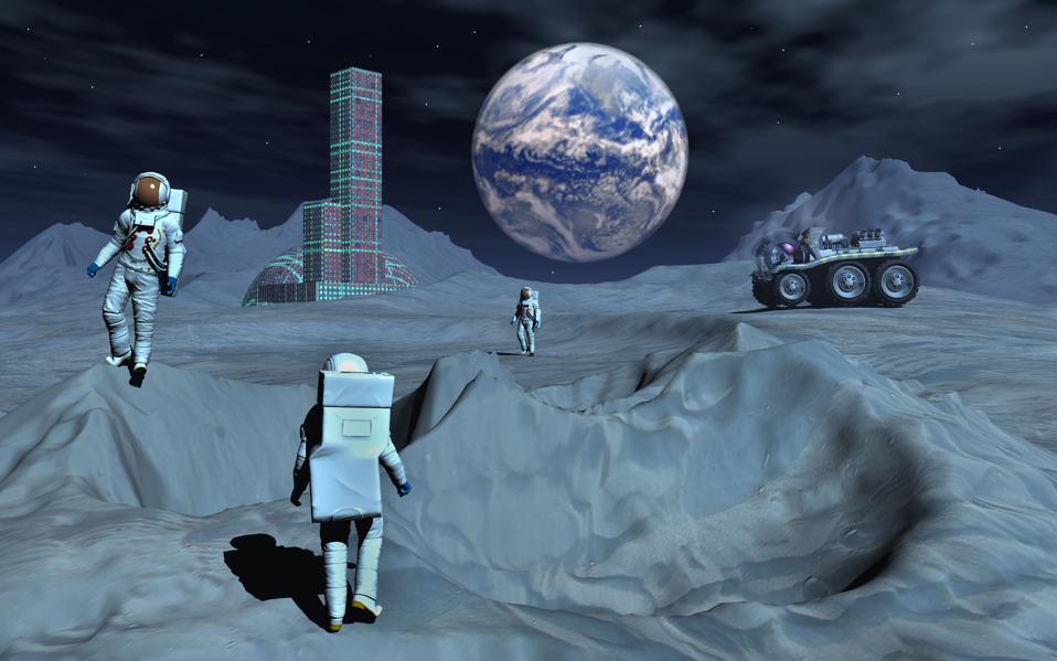 Human Colonists Mining On The Moon