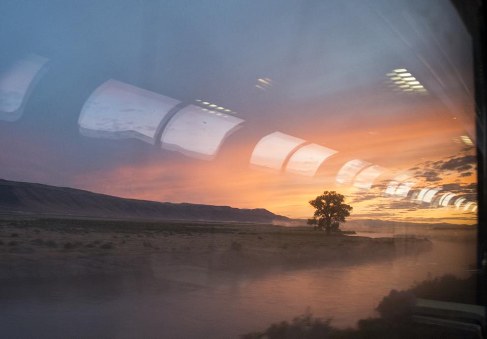 Sunrise in eastern Colorado, seen from the lounge car of the Amtrak train California Zephyr.