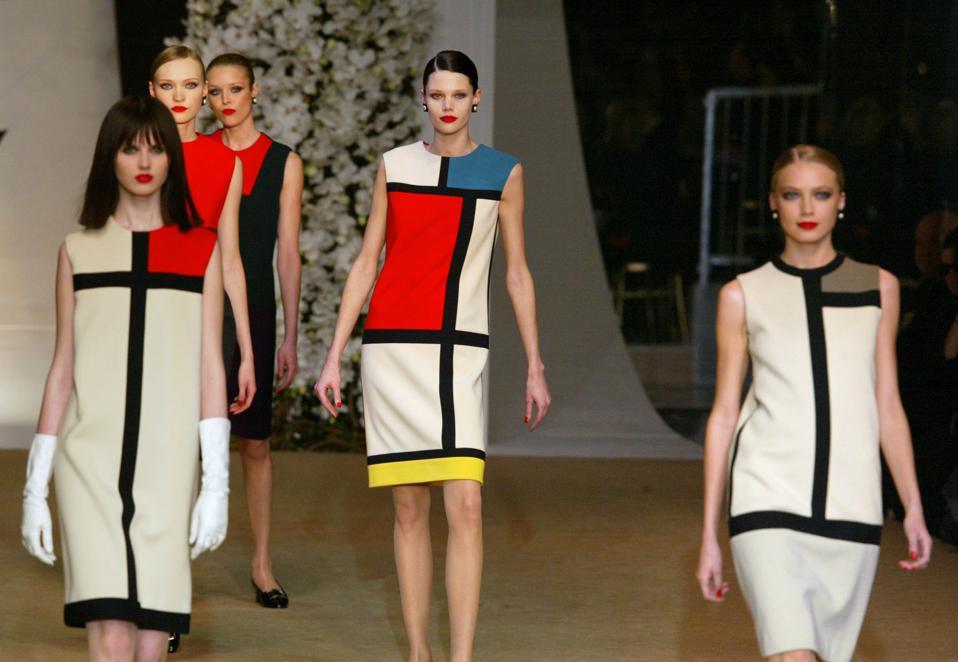 models wearing dresses based on Piet Mondrian's paintings