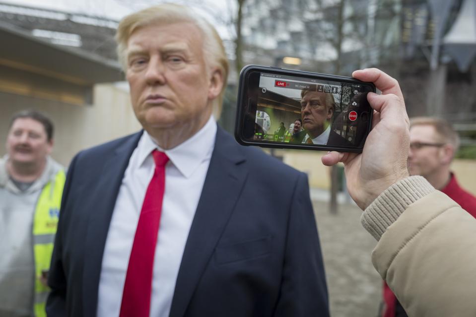 President Trump Waxwork Outside New London US Embassy