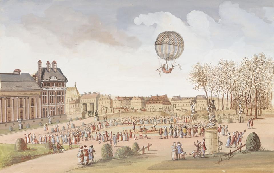 The first ascent in a hydrogen balloon, 1 December 1783.