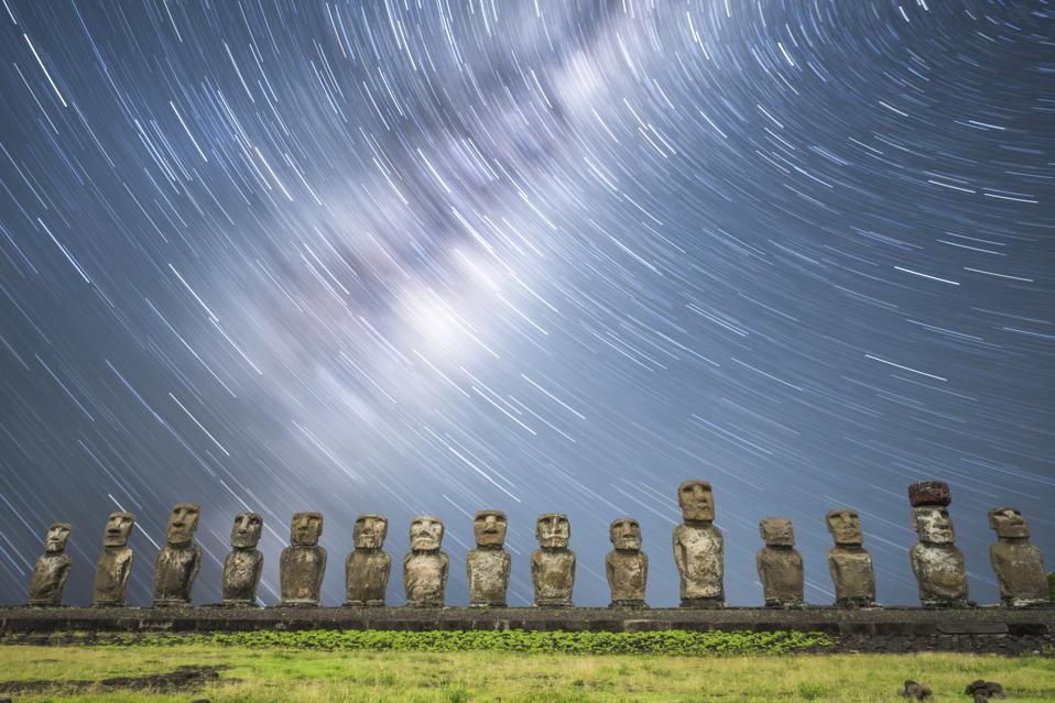 Milkyway and startrail at Ahu Tongariki Easter Island at night