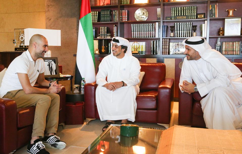 Pep Guardiola meets HH Sheikh Mansour bin Zayed Al Nahyan and Manchester City chairman Khaldoon Al Mubarak at the Presidential Affairs Office in Abu Dhabi