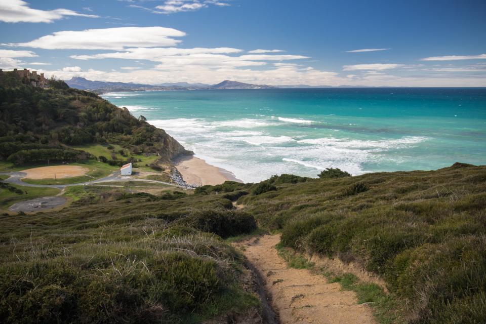 scenic hike on coastal footpath in bidart, basque country, france scenic hike on coastal footpath in bidart,wth view on mountain Jaizkibel, basque country, france