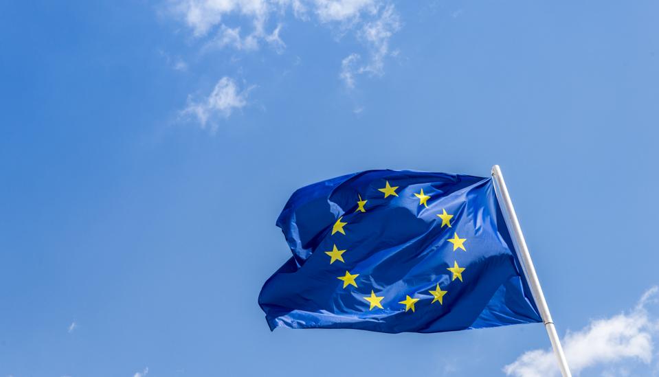 European Union EU flag against a blue sky. Soon there will be one less star since the UK voted to leave the EU in 2016,
